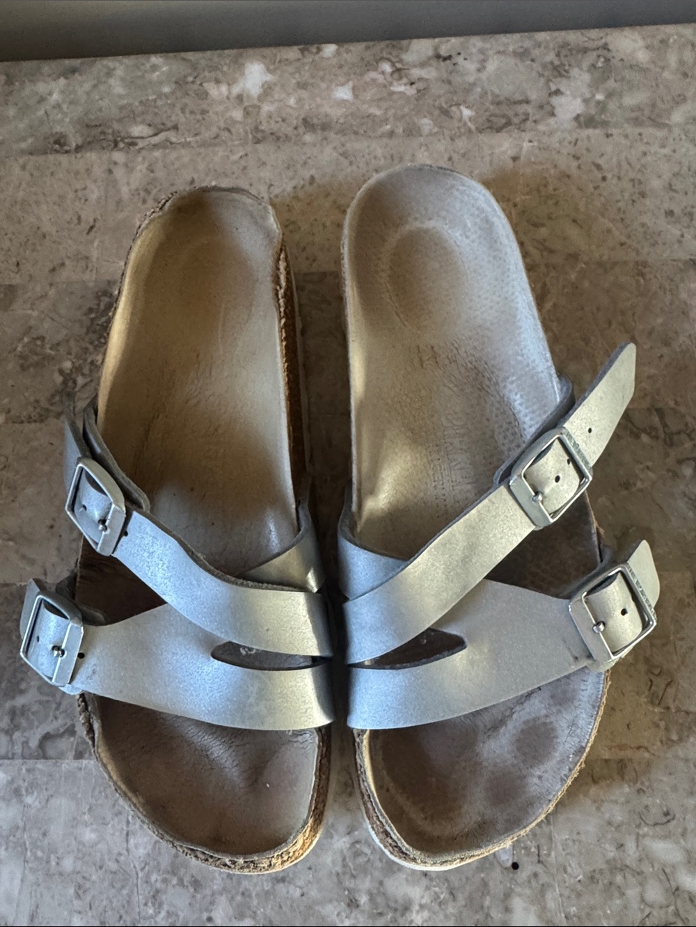 Birkenstock Women's Metallic Silver Double-Strap Slide Sandals
